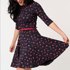 Navy umbrella print fit & flare dress w/ belt
